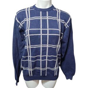 Vintage John Ashford Golf sweater cottonblue white plaid crewneck pullover large